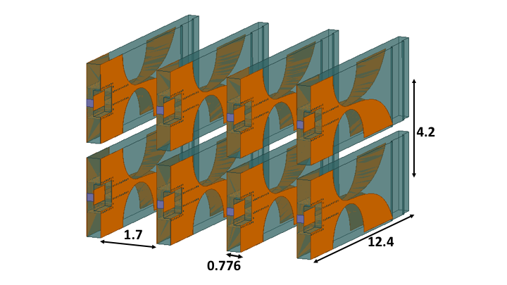 Figure 1: A 2X4 antenna array. Figure measurements are in mm